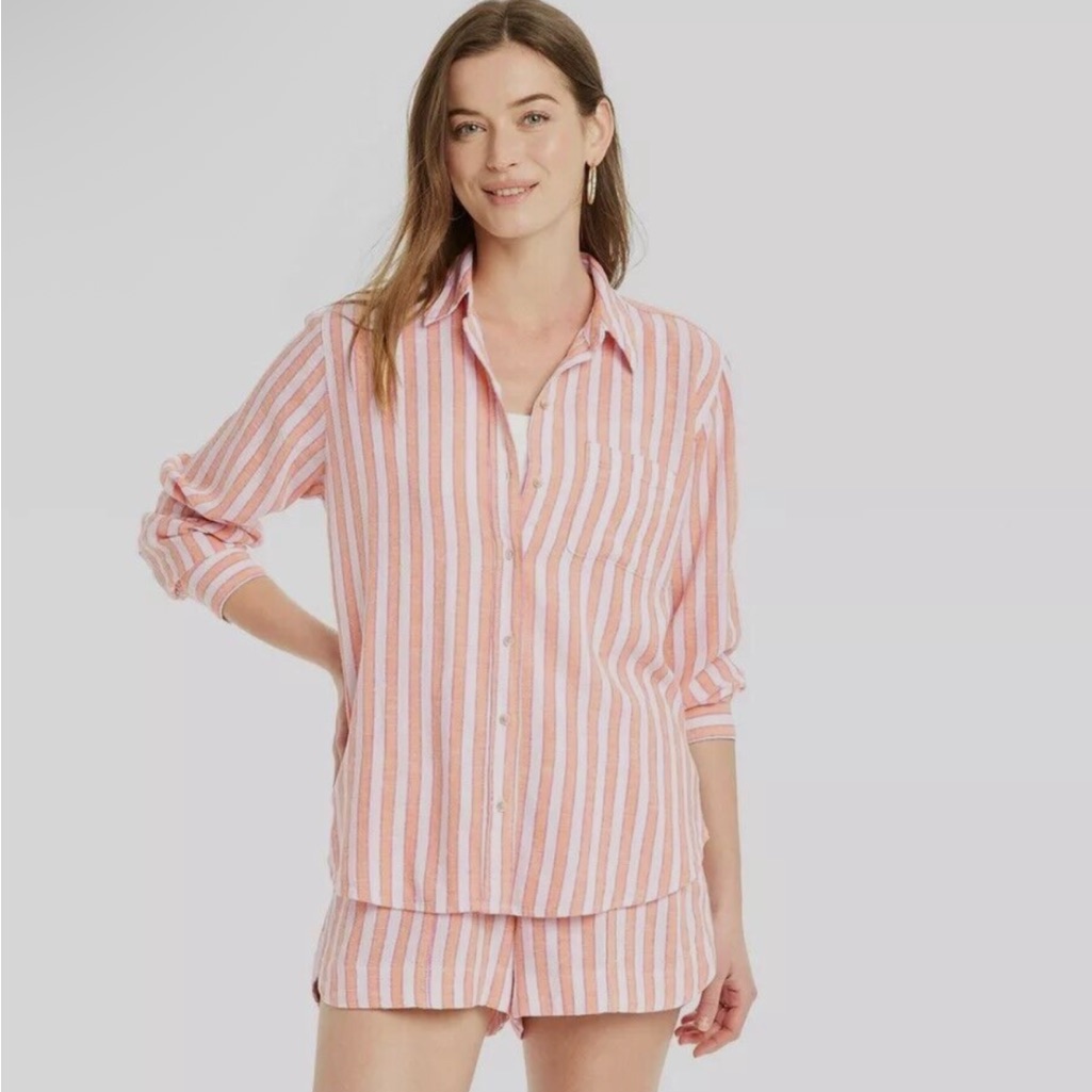 Universal Thread Linen Long Sleeve Button Shirt Pink Orange Stripe - M